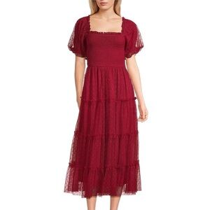 Blu Pepper Mesh Dot Square Neck Short Puff Sleeve Midi Dress